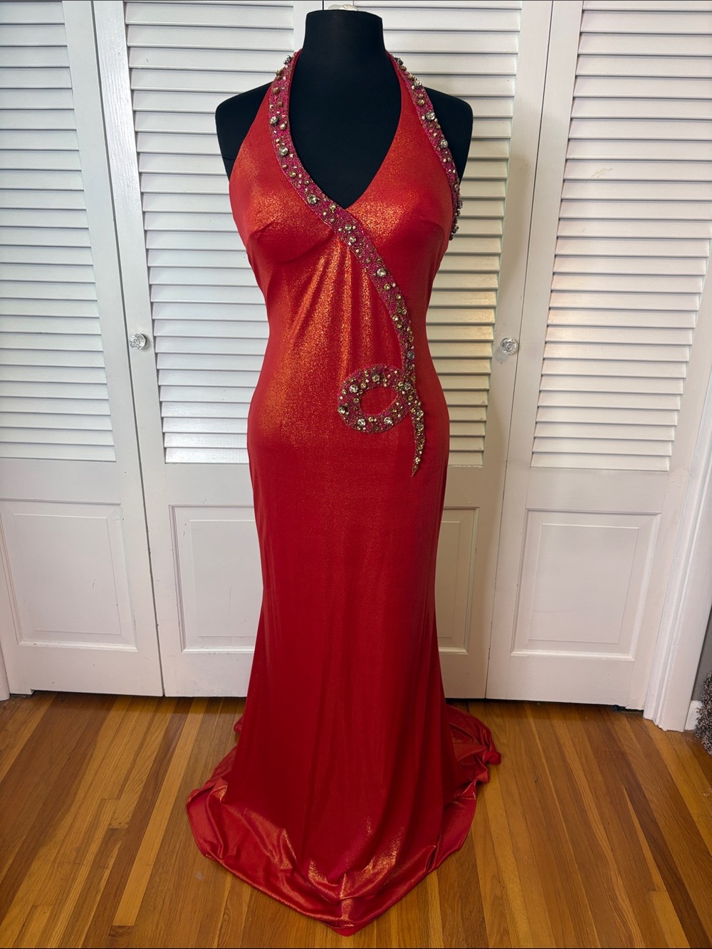 Studio 17 Prom Red Halter Prom Gown with Gold and Jeweled Accents | Size 8